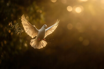 A beautifully illuminated white dove in mid-flight, gracefully carrying an olive branch in its beak.