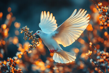 Obraz premium A beautifully illuminated white dove in mid-flight, gracefully carrying an olive branch in its beak.
