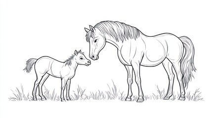 Mother horse and foal in field; illustration; educational use