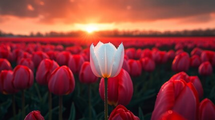 White tulip growing in a field of red tulips during a beautiful sunset, representing uniqueness, individuality, and standing out from the crowd