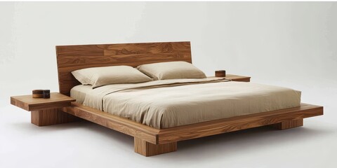A modern wooden bed frame with side tables and bedding