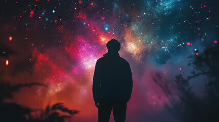 Landscape with colorfull acid Milky way galaxy and man silhuette looking at the sky.Generative AI.
