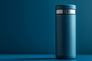 Stylish reusable water bottle stands on a blue backdrop, embodying hydration and eco-consciousness