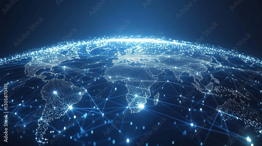 Poster futuristic global network map with glowing lines, points, and nodes, representing digital communicat