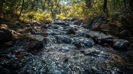 Serene image of a forest stream cascading over rocks surrounded by lush greenery. Sunlight filters through the trees casting gentle reflections on the rippling water.