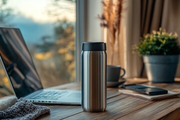 Stainless steel reusable water bottle sits on a desk next to a laptop, notebook, and phone in a home office setting at sunset