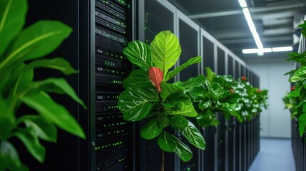 Green plants in a server room