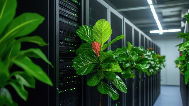 Green plants in a server room
