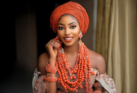 A beautiful Nigerian Igbo woman in a heavily beaded traditional outfit