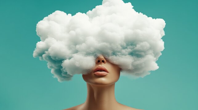 A surreal depiction of hair care, featuring an individual with their hair hidden under a fluffy cloud, emphasizing a unique artistic approach in a vibrant blue setting