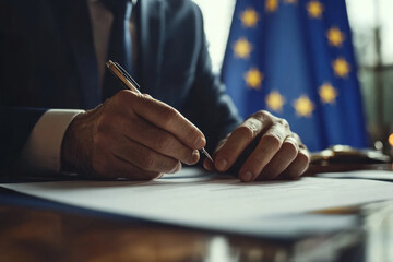 Close-up of politician's hands signing important document with european union flag in the background