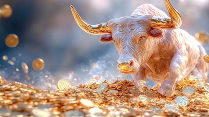  gold bull standing on the stack of gold coins, bullish trend concept