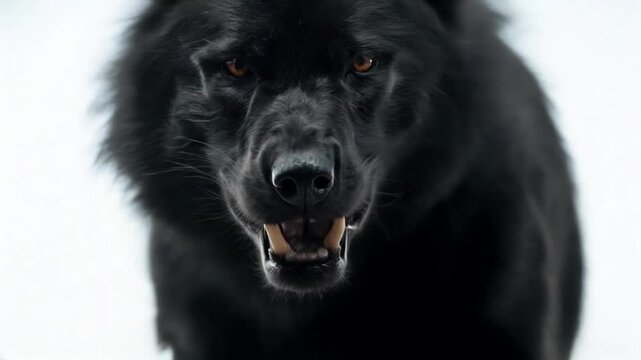 Black wolf snarling and approaching on white background