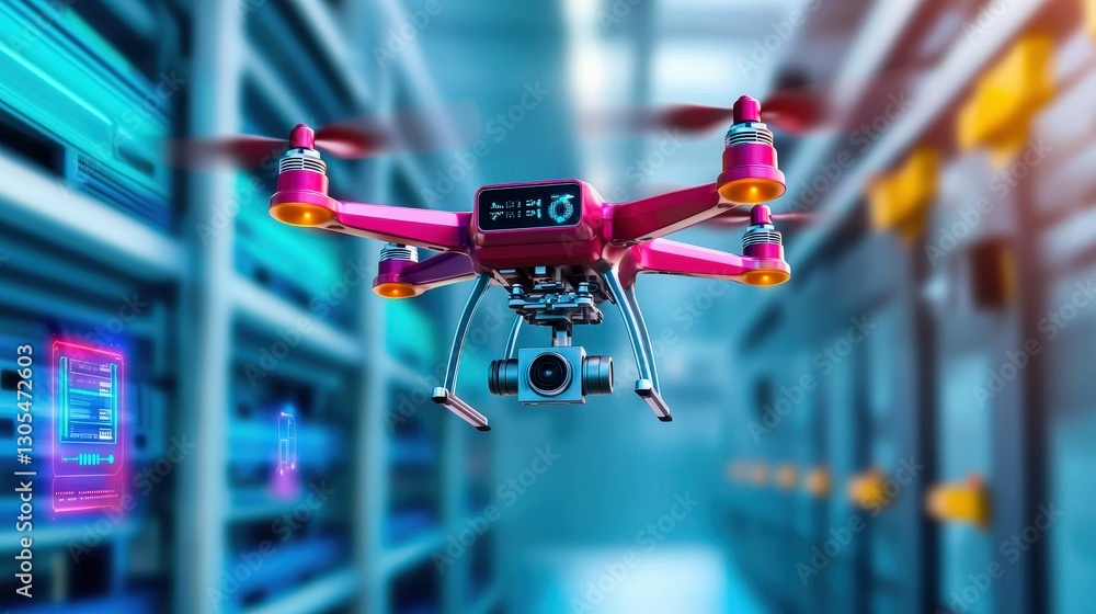 Poster automation factory and ai integration, a vibrant drone flying in a high-tech environment with glowin