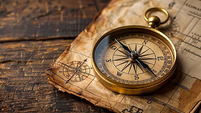 A close-up of a vintage compass resting on an old map, with intricate details and textures visible.