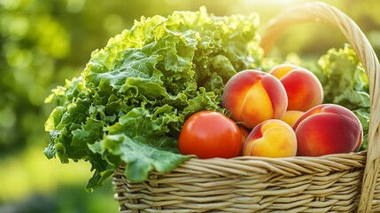 Bright market basket brimming with crisp lettuce ripe tomatoes and juicy peaches emphasized by morning sunlight for a farm fresh feeling
