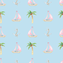 sailboat, anchor. Watercolor seamless pattern in pastel colors. Cute children's illustration on the theme of the sea, rest, travel
