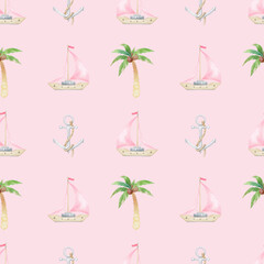 sailboat, anchor. Watercolor seamless pattern in pastel colors. Cute children's illustration on the theme of the sea, rest, travel
