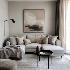 A comfortable living room decorated in neutral contemporary style