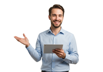 A young professional man holds a tablet in one hand while gesturing with the other isolated on transparent background