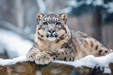 Fototapeta premium Majestic snow leopard resting on a snow-covered rock in its natural winter habitat, exuding tranquility and power