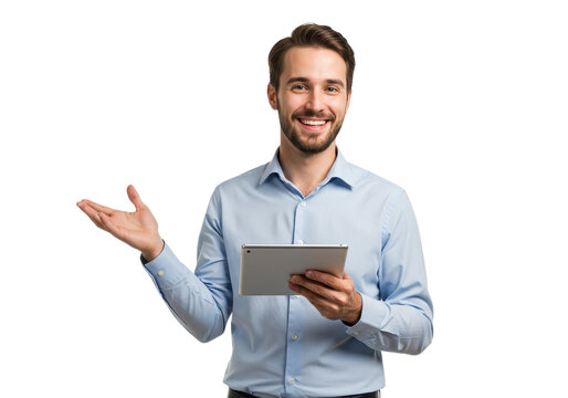 A young professional man holds a tablet in one hand while gesturing with the other isolated on transparent background