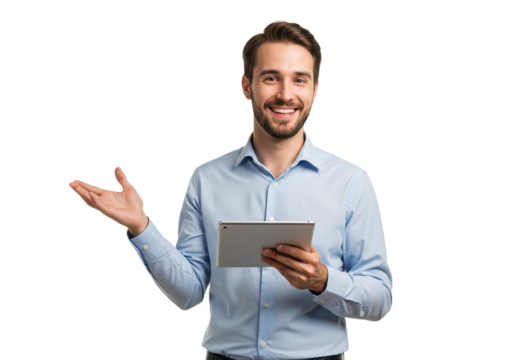 A young professional man holds a tablet in one hand while gesturing with the other isolated on transparent background