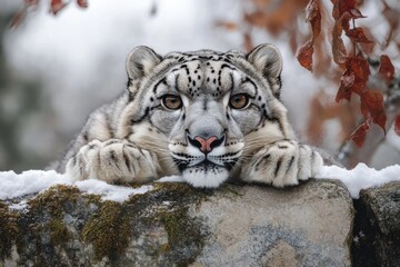 Fototapeta premium Majestic snow leopard resting its paws on a snow-covered rock, with a serene expression amidst a winter landscape