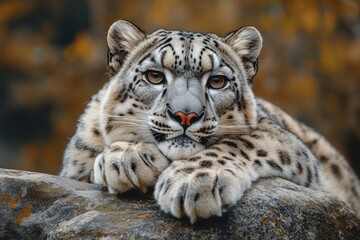 Obraz premium Majestic snow leopard resting its paws on a rock with an autumnal background