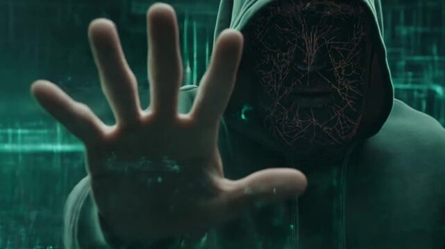 Hacker showing stop sign with hand in digital environment