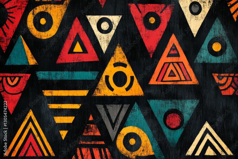 Poster vibrant geometric pattern featuring colorful triangles and circles on a dark textured background, cr