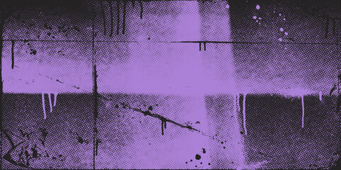 Abstract violet grunge punk banner background with halftone texture, ink drips and paint splashes. Hand drawn vector folded paper texture. Rough urban street art design. Grunge graffiti effect.