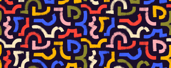 Playful bold curved lines, arches and dashes seamless pattern. Colorful background with brush drawn thick strokes.