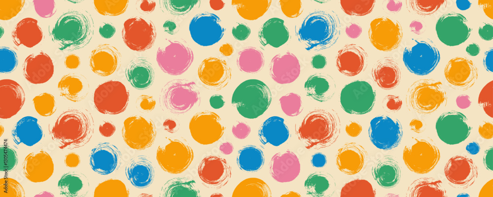 Poster retro colored naive seamless pattern with grunge bold circles. brush drawn polka dots seamless banne