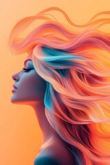 A woman showcases a stunning hairstyle with vibrant colors, her flowing hair illuminated against a warm orange background, emphasizing the importance of hair care