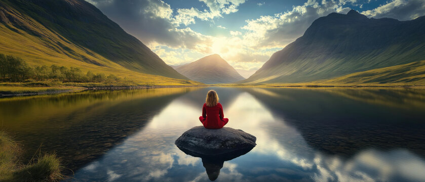 A person in red sits in meditation on a rock in middle of a tranquil lake surrounded by lush green hills and dramatic sky at sunset. reflection of the mountains and clouds enhances serene atmosphere.