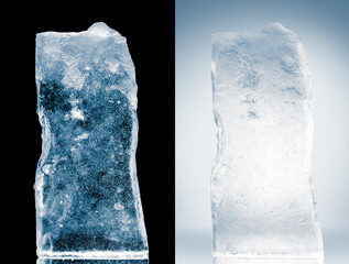 The ice blocks in the two lighting schemes on a black and white background.