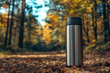 Metal reusable water bottle standing on forest floor during autumn