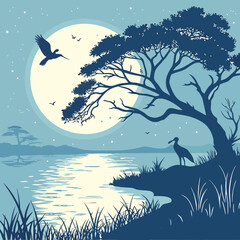 Fototapeta premium A stunning blue fantasy background featuring a full moon and stars reflecting over serene water, creating a mystical and dreamy atmosphere. Perfect for digital art, wallpapers, and designs.