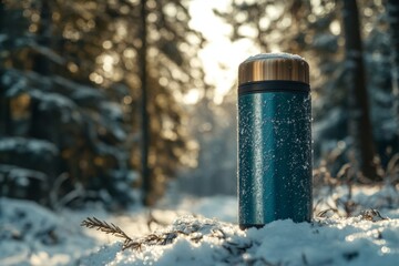 Blue thermos standing on snow in winter forest during sunset