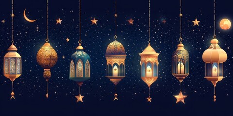 Fototapeta premium Golden lanterns, crescent moons and stars hanging for ramadan kareem or eid mubarak celebration
