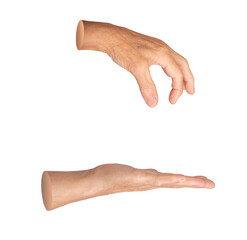 An elderly hand with detailed skin texture, wrinkles, and veins, offering and receiving an invisible object. Two hands positioned top and bottom, grasping and pinching something unseen. Concept of
