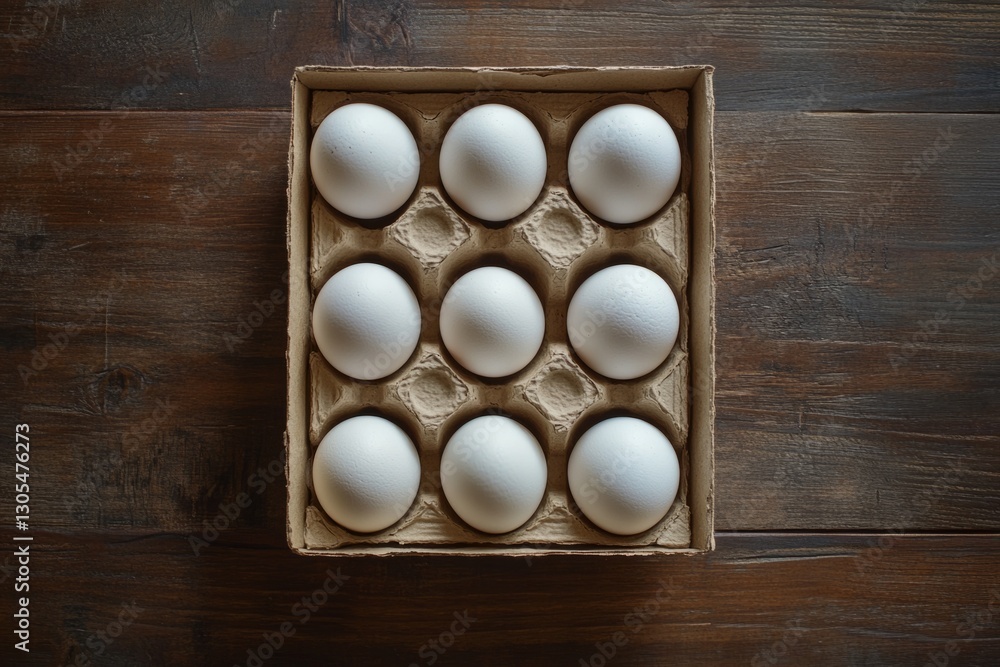 Poster nine white eggs are neatly arranged in a cardboard container set against a rustic wooden table, crea