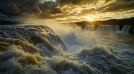 Fototapeta premium A breathtaking view of a majestic waterfall cascading with force as the sun sets amidst dramatic clouds, creating a vibrant and serene atmosphere.