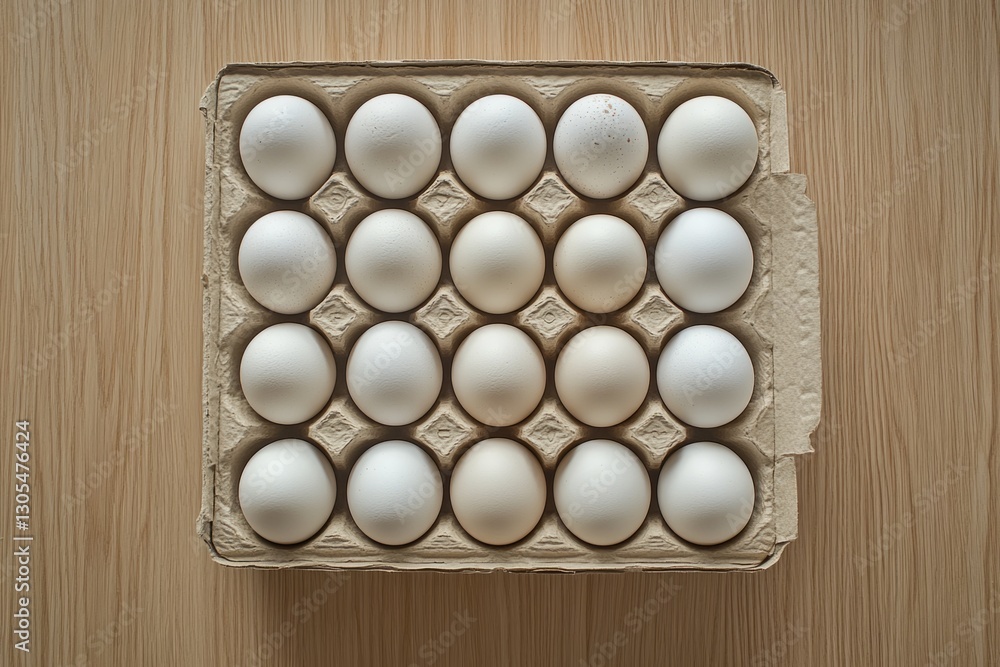 Aufkleber eighteen white eggs are neatly arranged in a cardboard container placed on a wooden table, forming a