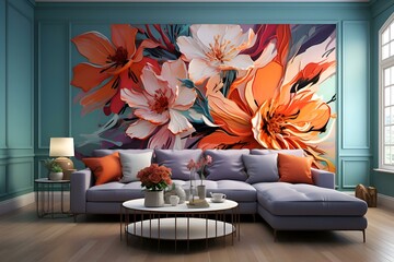 Vibrant Floral Canvas.  Modern Home Decor.  Orange and White Flowers