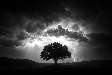 Obraz premium A lone tree stands defiant against a stormy sky filled with lightning