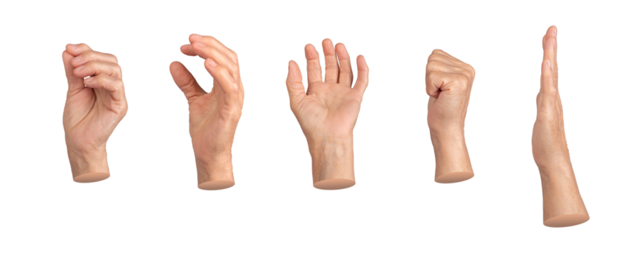 An elderly hand with five fingers displaying a range of gestures, from pinching to grasping, open palm to clenched fist. Each gesture conveys nonverbal communication and expression. Senior, wrinkled