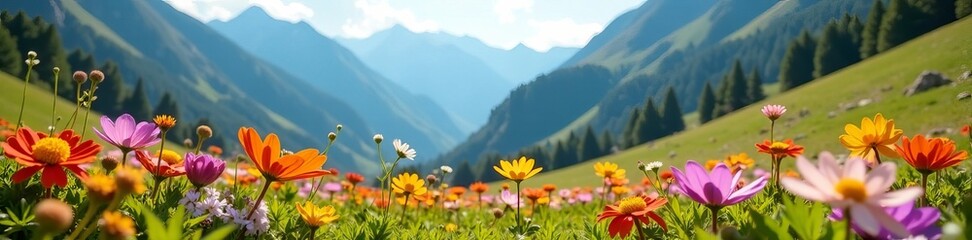 Obraz premium Vibrant alpine flowers blooming in the sunlight, lush green mountains in the background, nature, mountains