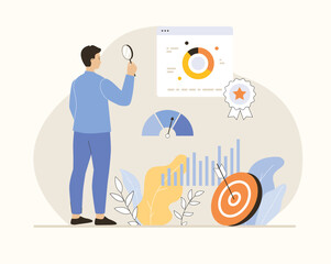 Benchmarking concept. Benchmark business development. Analysis financial statistics, data, graph, chart, report of a leader competitor's company. Flat vector illustration.